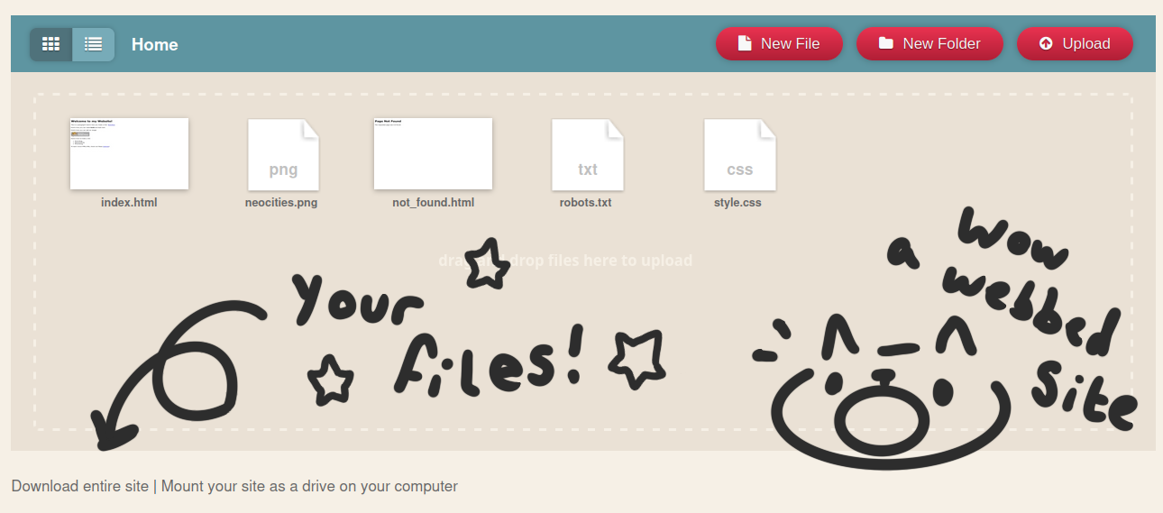 A screenshot of the neocities dashboard, with handwritten text on top that says 'your files'.